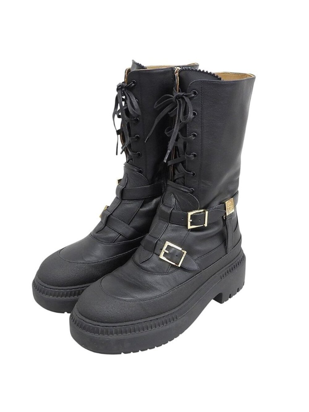 Fendi Leather Delfina Logo Zip Biker Boots Shoes Black
